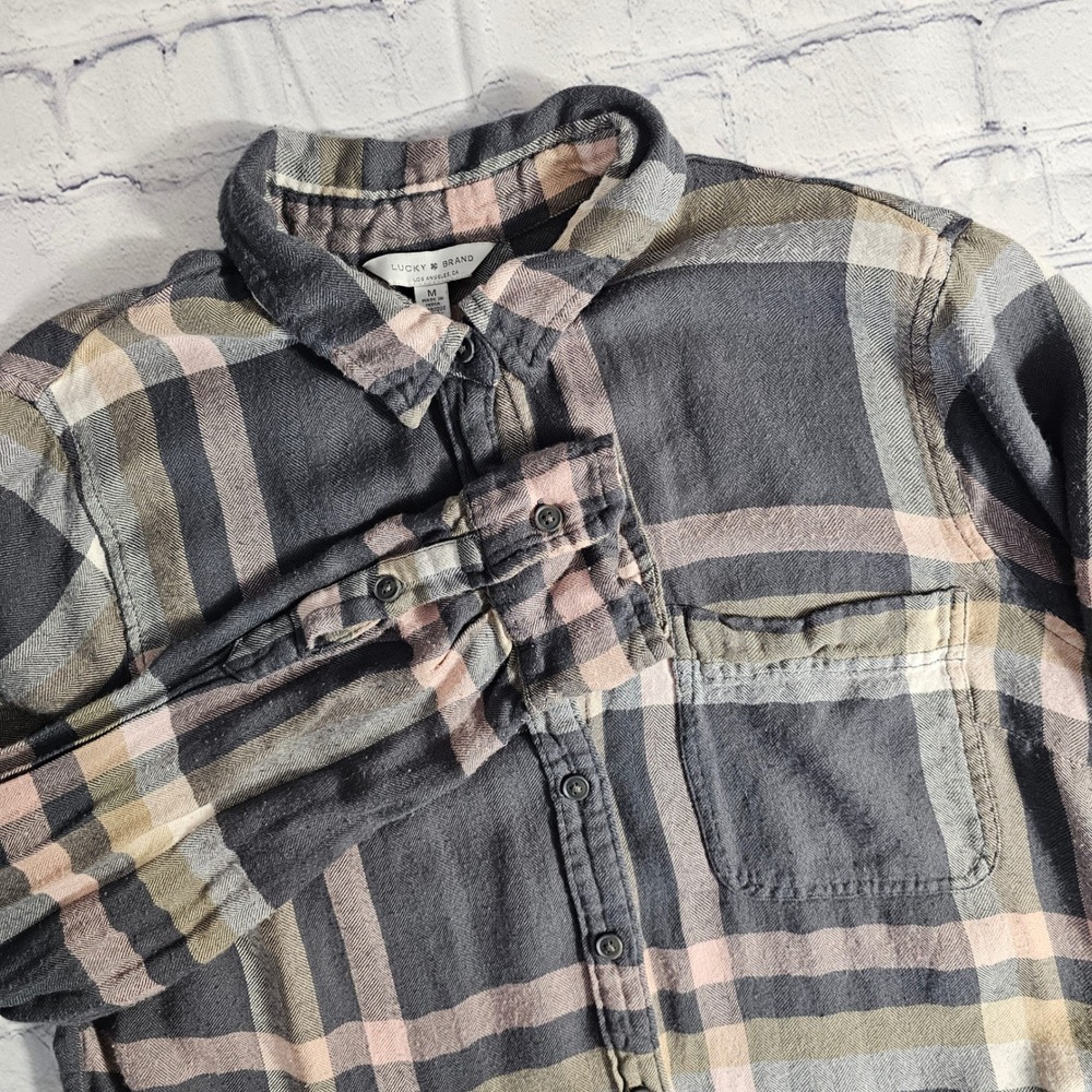 Lucky‎ Brand Plaid Button Down Shirt Women Medium Gray Pink Long Sleeve Soft